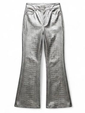 Avec Les Filles Silver Metallic Croc Embossed High Waisted Flare Pants Size 10